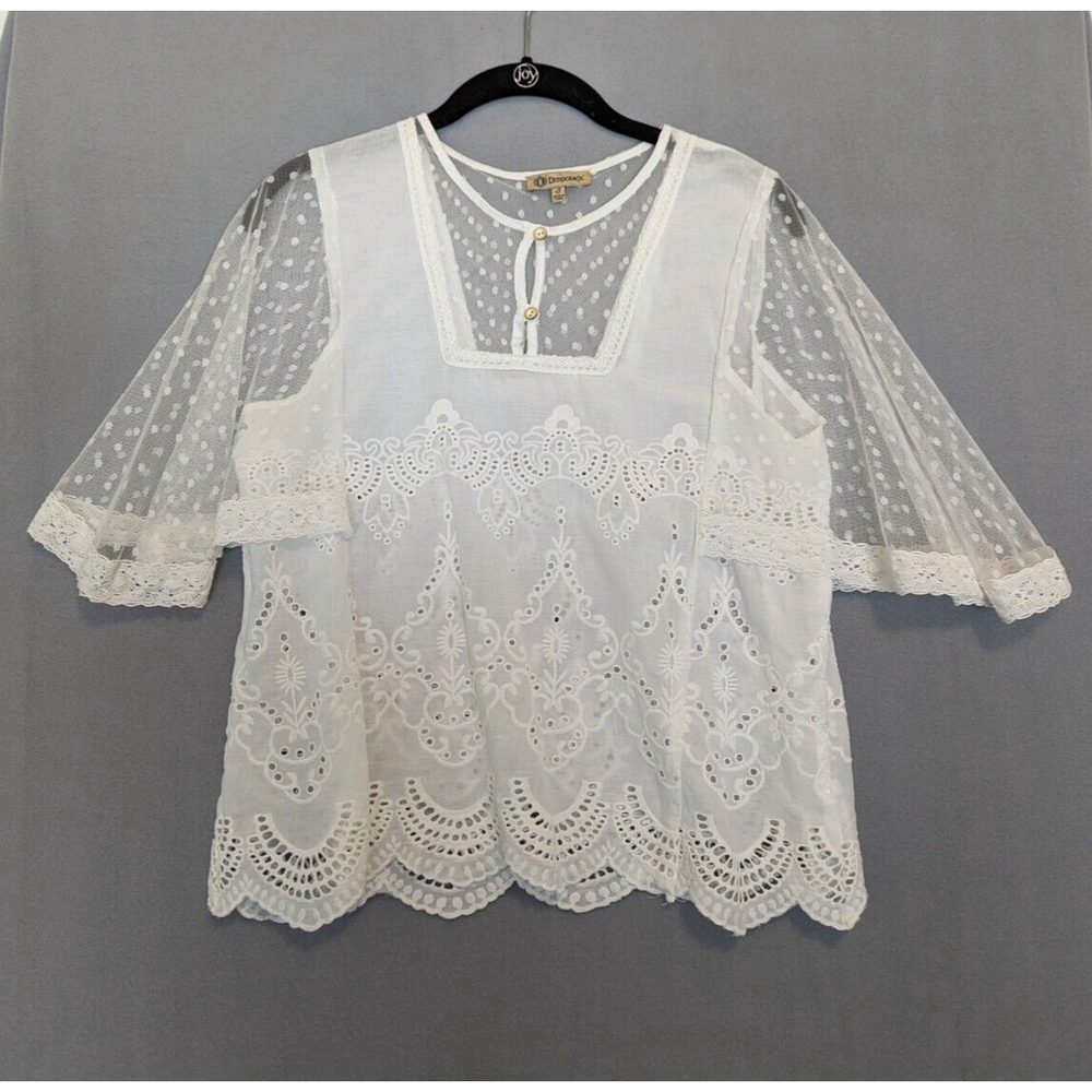 DEMOCRACY Blouse Womens Small White Embroidered Angel Boho Summer Fairy Sheer
